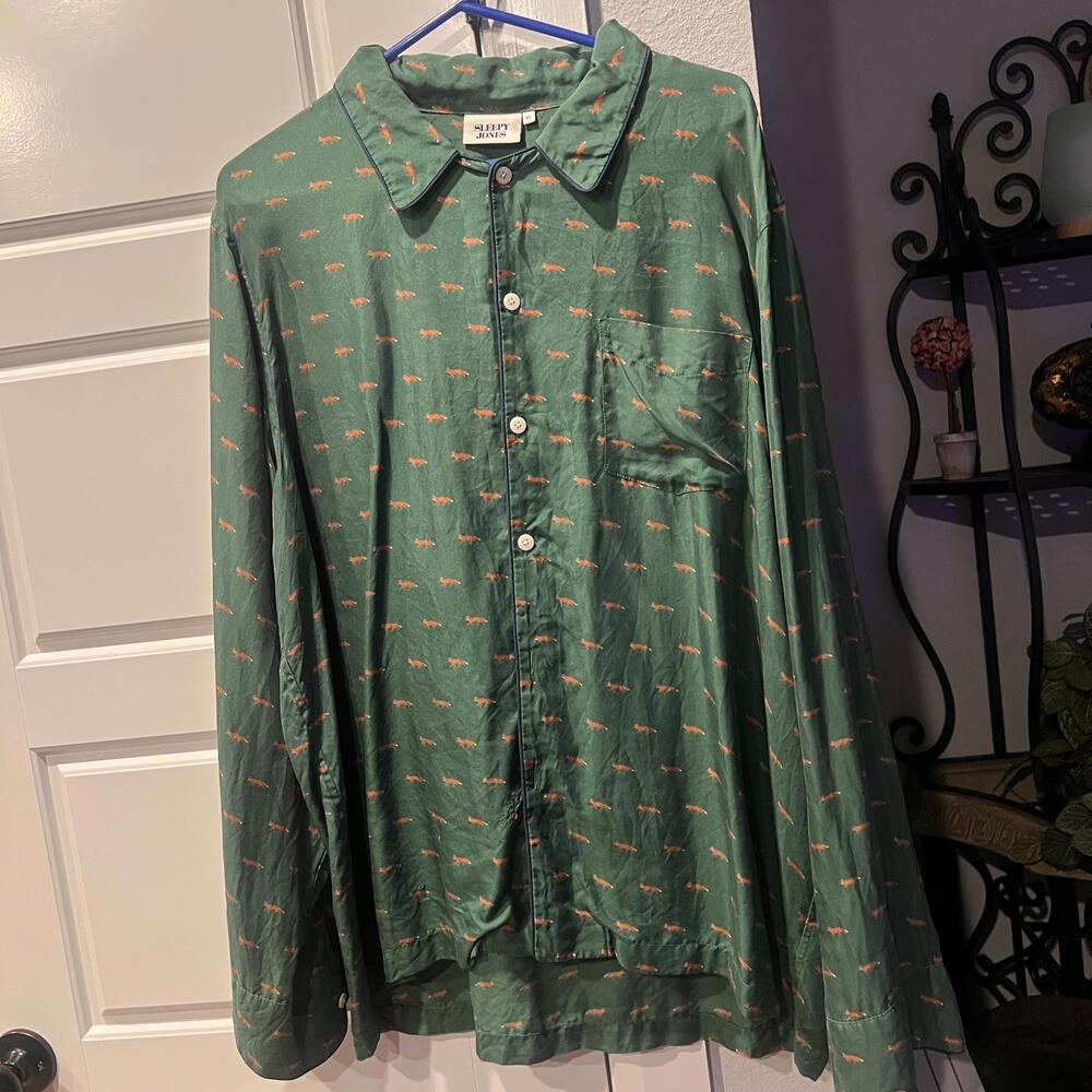 Sleepy Jones Silk Men's Casual Button-Up Shirt XL Green with Foxs